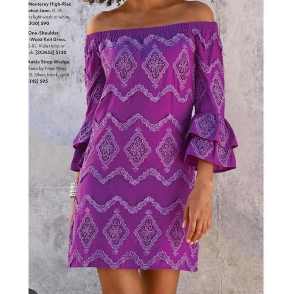 Boston Proper Metallic‎ Lace Detail Off The Shoulder Shift Dress Purple L NWT